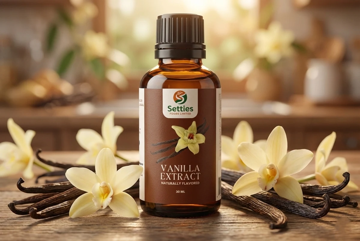 Setties Vanilla Extract bottle with vanilla flowers and pods