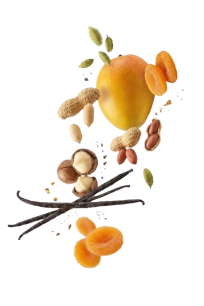 Mango, nuts, vanilla pods and other food ingredients