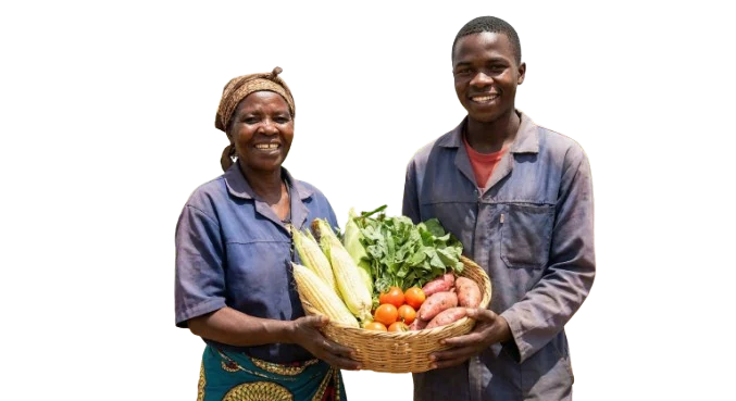 Two farmers holding a basket of fresh vegetables