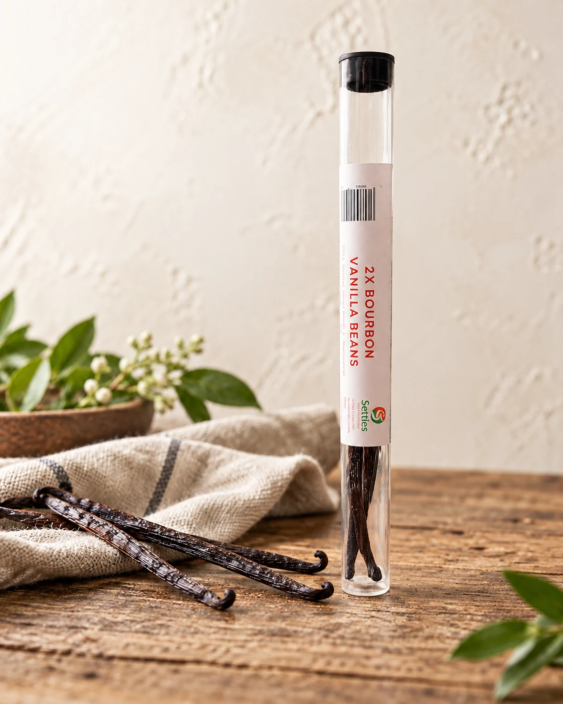 Setties Bourbon vanilla beans in a clear tube