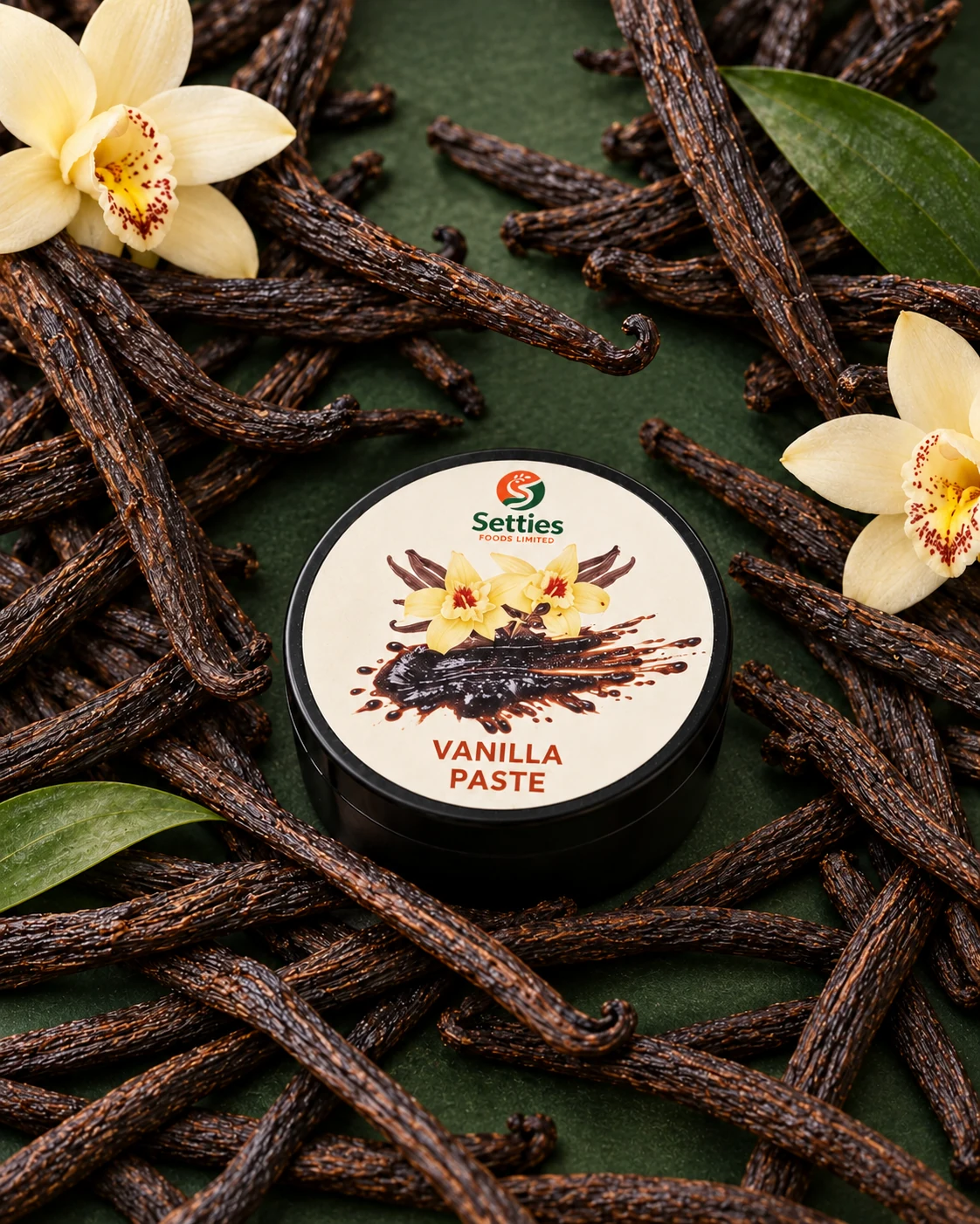 Setties Vanilla Paste surrounded by vanilla pods and flowers
